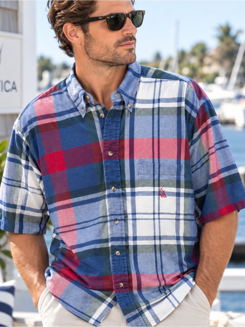 Vintage 90s Nautica Plaid Shirt Men’s XL Made USA Cotton Sailboat #556